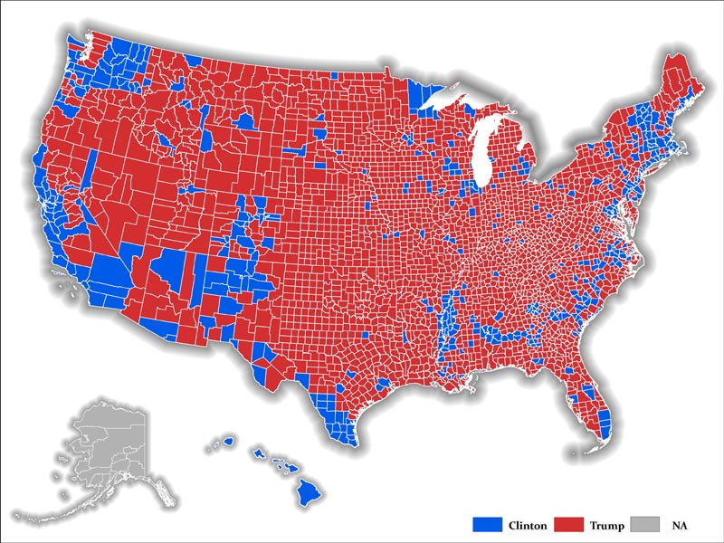 Map depicting regions where Trump dominates 