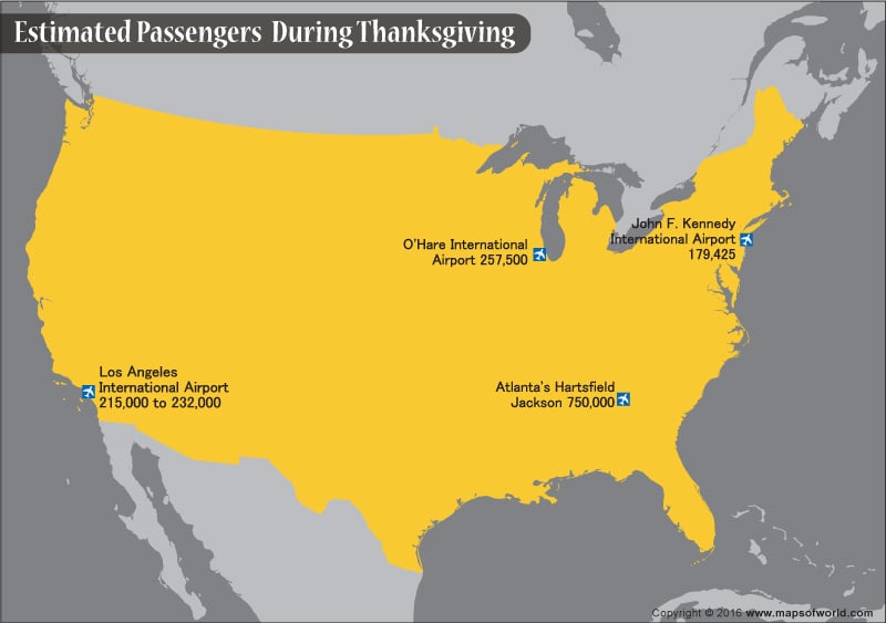 Map depicting some of the major airports in USA
