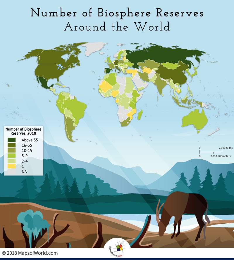 World map depicting the number of biosphere reserves in the world