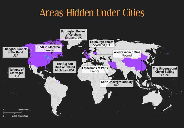 World Map depicting areas hidden under cities