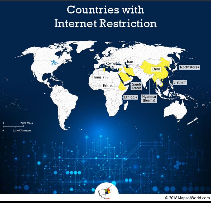 Map Showing Countries with Internet Restrictions Around the World