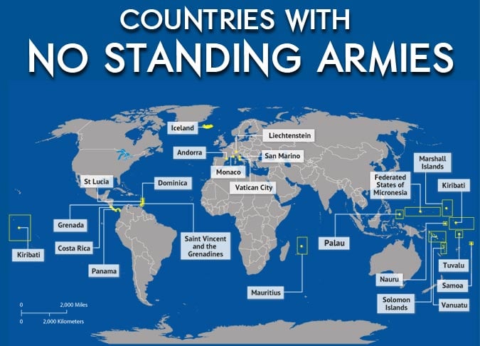 Map Showing 22 Nations of The World Which Have No Standing Armies