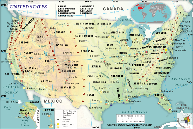 Show Me A Map Of The Continental United States What Are The Key Facts Of United States Of America? - Answers