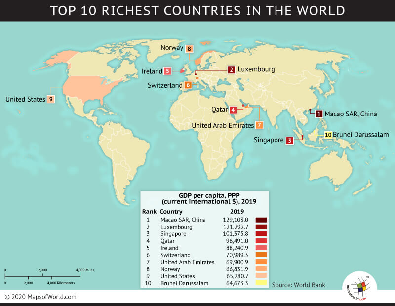 Map Showing Top 10 Richest Countries in the World