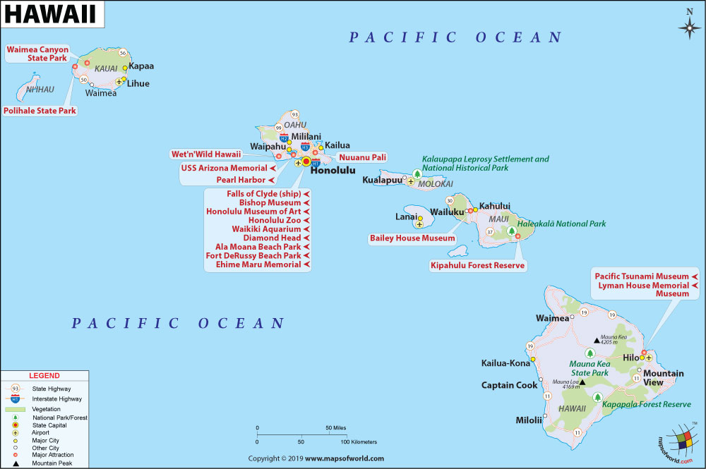 Map of Hawaii showing which ocean surround hawaii