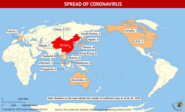 Map Highlighting the Spread of Coronavirus Around the World as Per January 26, 2020