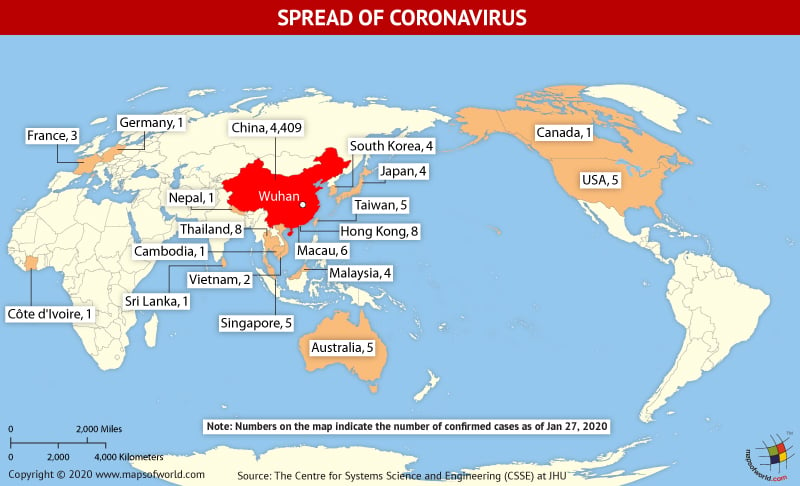 World Map Showing the Spread of Coronavirus Around the World as Per Jan 27, 2020