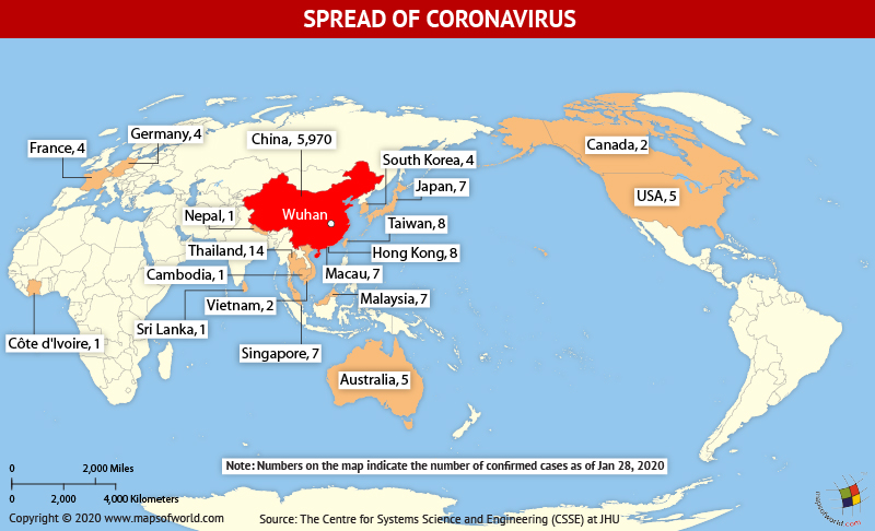 World Map Showing the Spread of Coronavirus Around the World as Per Jan 28, 2020