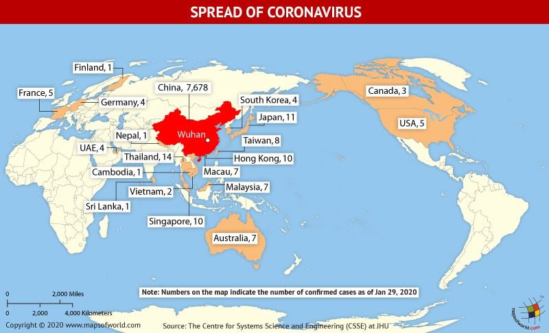 World Map Showing the Spread of Coronavirus Around the World as Per Jan 29, 2020