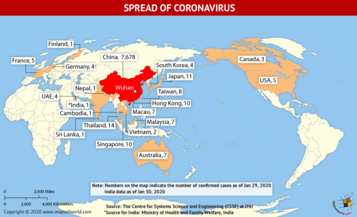 Map Highlighting the Spread of Coronavirus Around the World (as Per Jan 29, 2020) and in India (as Per Jan 30, 2020)