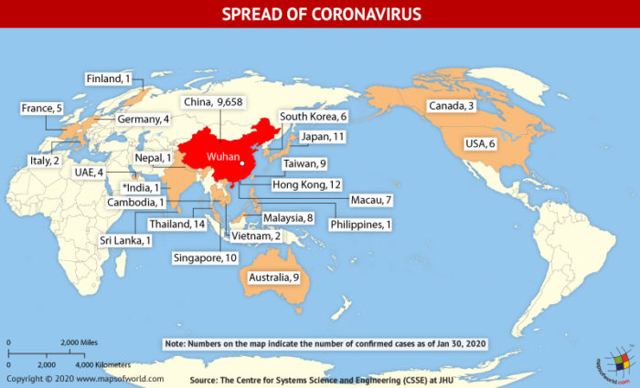 Map Highlighting the Spread of Coronavirus Around the World as Per January 30, 2020