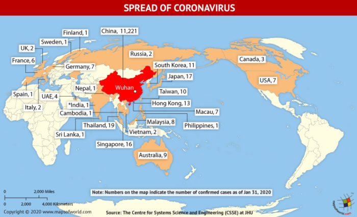 Map Highlighting the Spread of Coronavirus Around the World as Per January 31, 2020