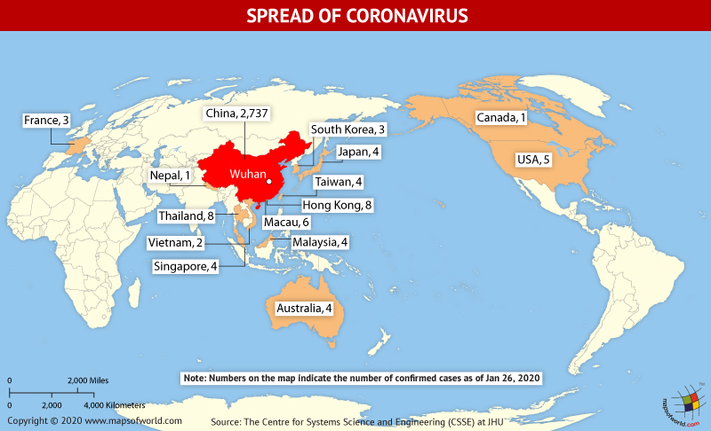 World Map Showing the Spread of Coronavirus Around the World as Per Jan 26, 2020