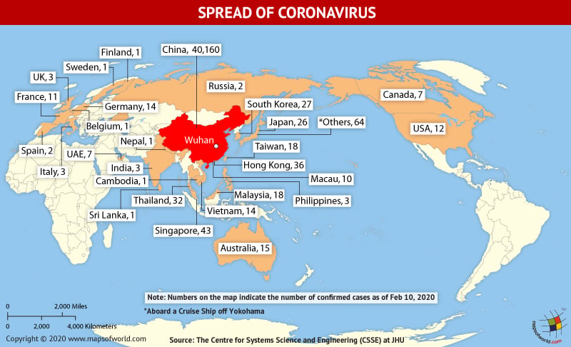 World Map Showing the Spread of Coronavirus Around the World as Per February 10, 2020