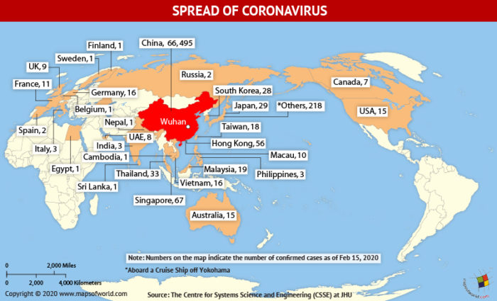 Map Highlighting the Spread of Coronavirus Around the World as Per February 15, 2020