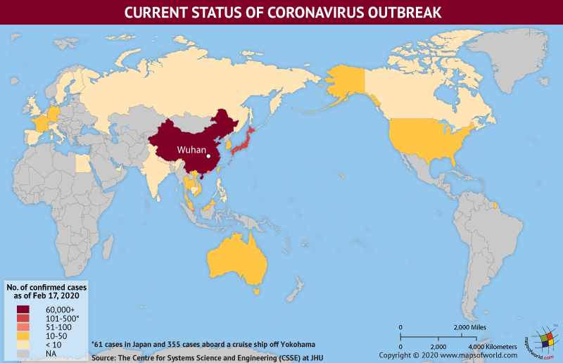 Map of World Showing Current Status of Coronavirus Outbreak (February 17, 2020)