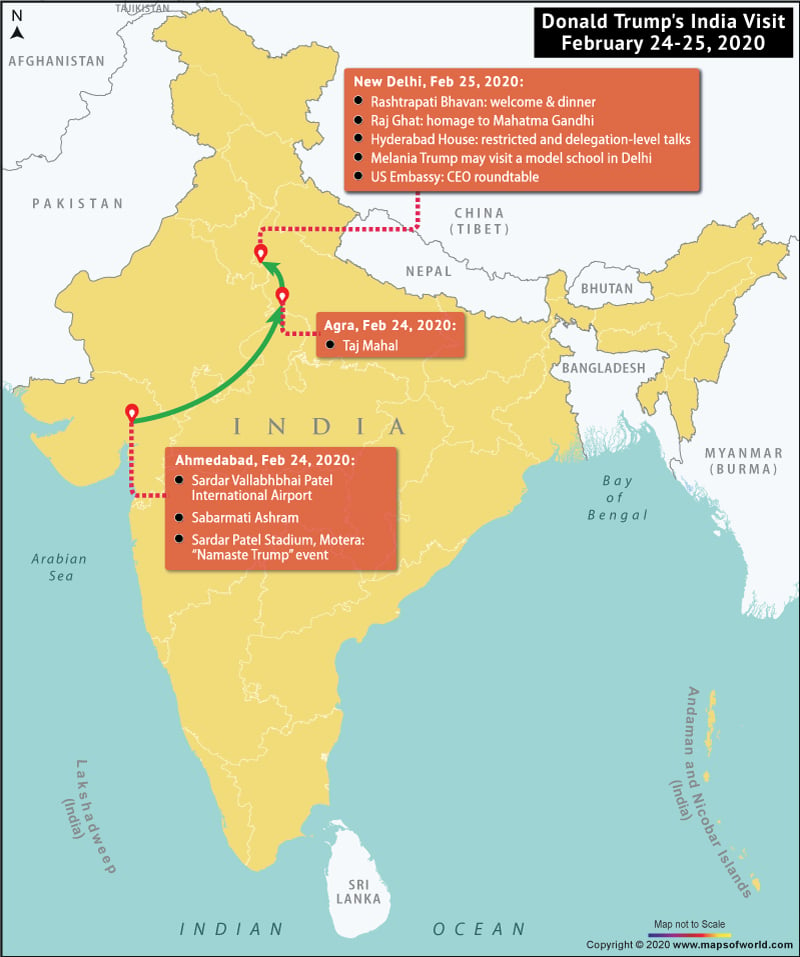 Map of India Highlighting Itinerary of Donald Trump's Two Days Visit to India