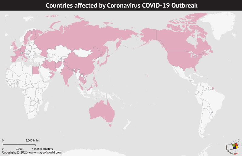 Map of World Showing Countries Affected by Coronavirus Outbreak as per Feb 25, 2020
