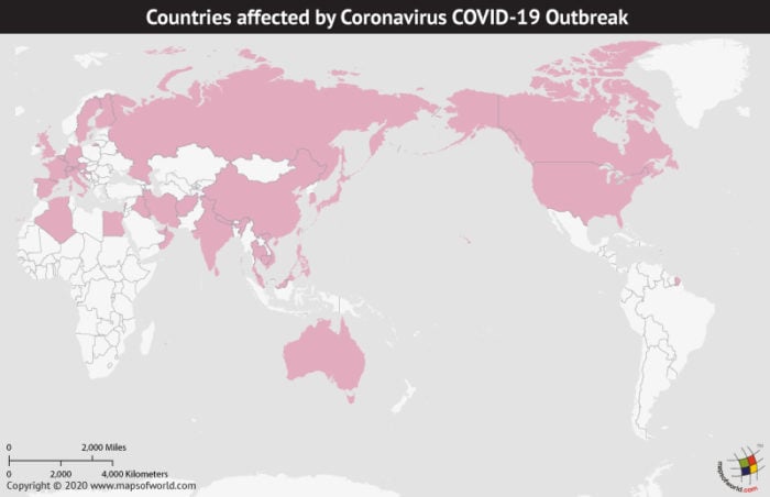 Map of World Highlighting Countries Affected by Coronavirus Outbreak as per Feb 26, 2020