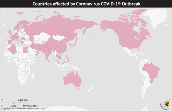 Map of World Highlighting Countries Affected by Coronavirus Outbreak as per Feb 27, 2020