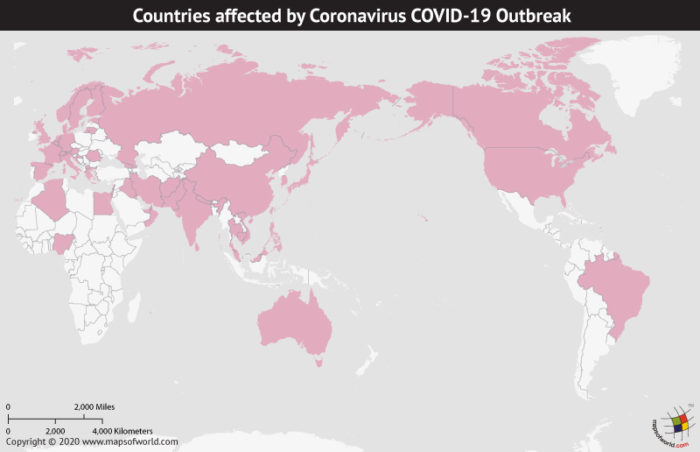 Map of World Highlighting Countries Affected by Coronavirus Outbreak as per Feb 28, 2020