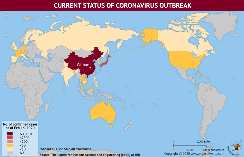 Map of World Showing Current Status of Coronavirus Outbreak (February 14, 2020)