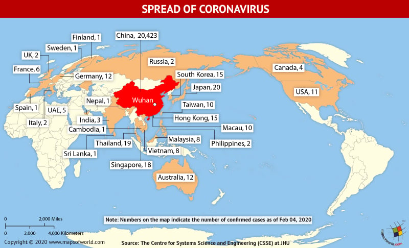 World Map Showing the Spread of Coronavirus Around the World as Per February 04, 2020