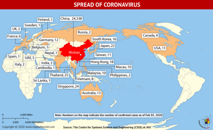 Map Highlighting the Spread of Coronavirus Around the World as Per February 05, 2020