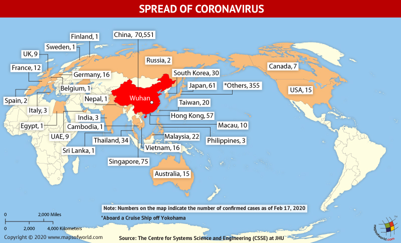 World Map Showing the Spread of Coronavirus Around the World as Per February 17, 2020