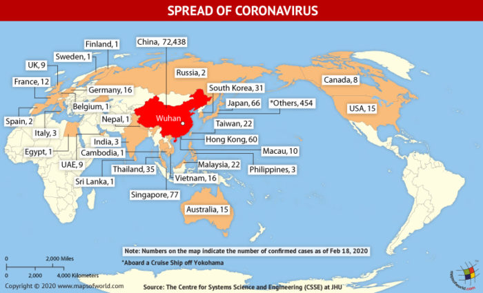 Map Highlighting the Spread of Coronavirus Around the World as Per February 18, 2020