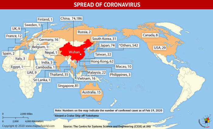 Map Highlighting the Spread of Coronavirus Around the World as Per February 19, 2020
