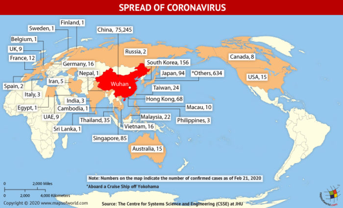 Map Highlighting the Spread of Coronavirus Around the World as Per February 21, 2020