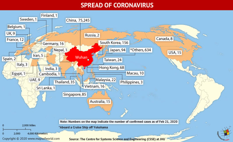 World Map Showing the Spread of Coronavirus Around the World as Per February 21, 2020
