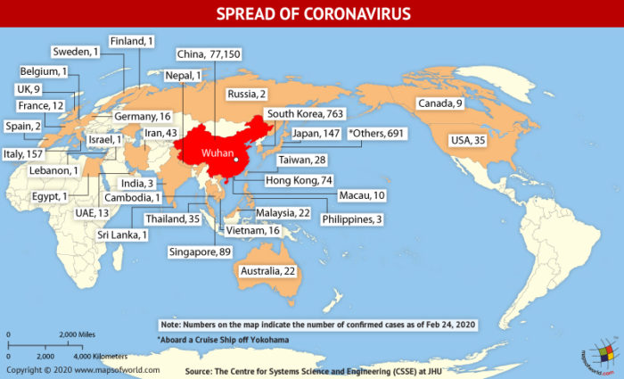 Map Highlighting the Spread of Coronavirus Around the World as Per February 24, 2020