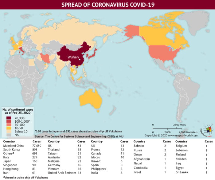 Map Highlighting the Spread of Coronavirus Around the World as Per February 25, 2020
