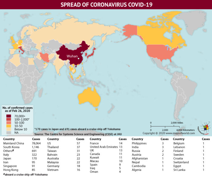 Map Highlighting the Spread of Coronavirus Around the World as per February 26, 2020