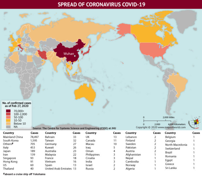 Map Highlighting the Spread of Coronavirus Around the World as per February 27, 2020