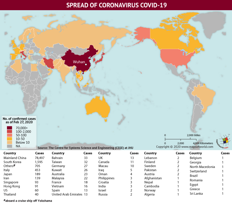 World Map Showing the Spread of Coronavirus Around the World as per February 27, 2020