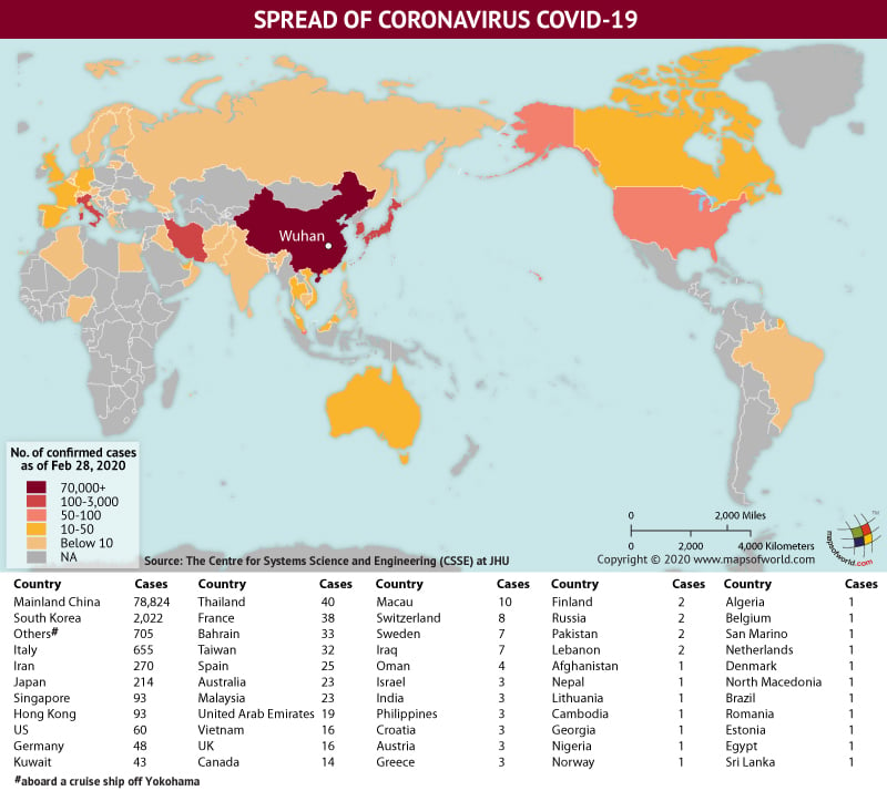 World Map Showing the Spread of Coronavirus Around the World as per February 28, 2020