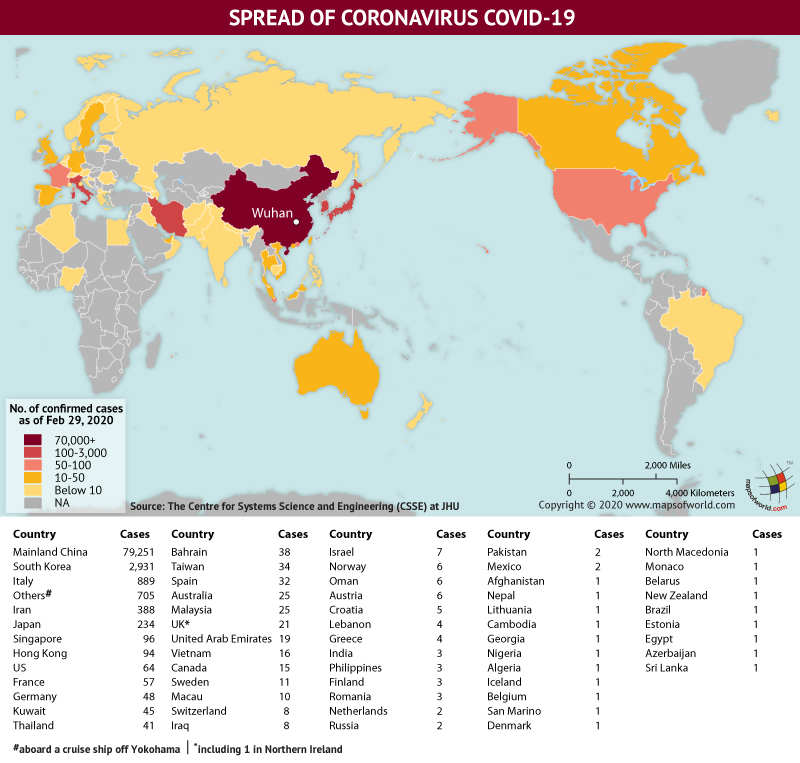 World Map Showing the Spread of Coronavirus Around the World as per February 29, 2020