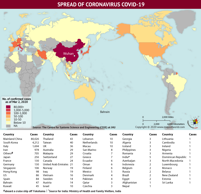 World Map Showing the Spread of Coronavirus Around the World as per March 02, 2020