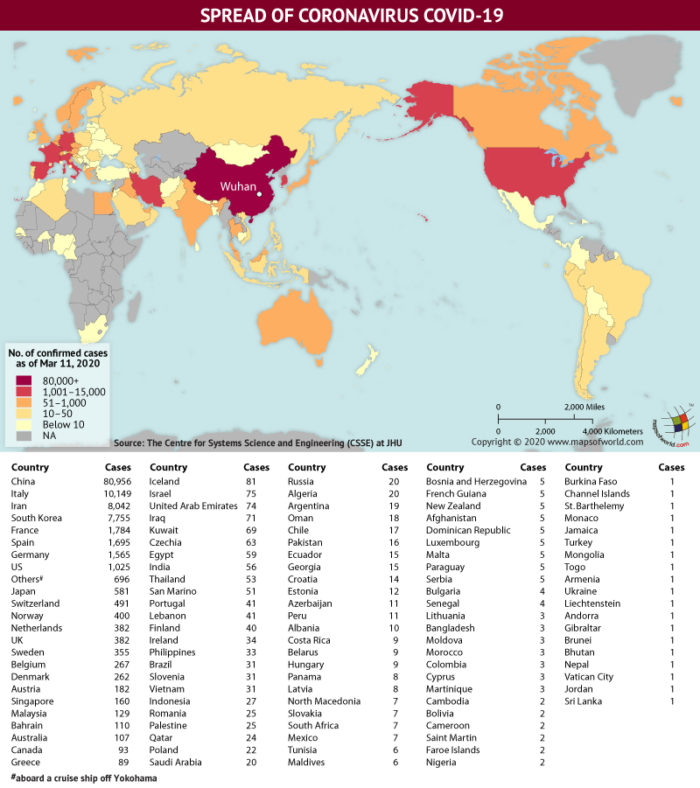 Map Highlighting the Spread of Coronavirus Around the World as per March 11, 2020