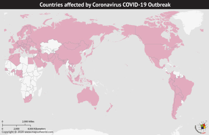 Map of World Highlighting Countries Affected by Coronavirus Outbreak as per Mar 11, 2020