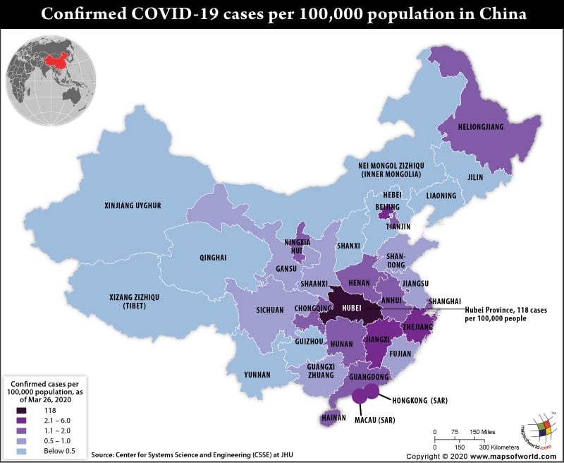 Map of China Showing Coronavirus Cases Per 100,000 Population