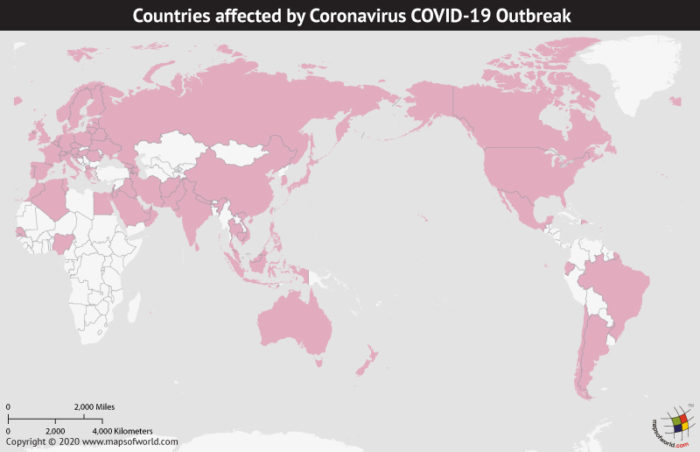 Map of World Highlighting Countries Affected by Coronavirus Outbreak as per Mar 05, 2020