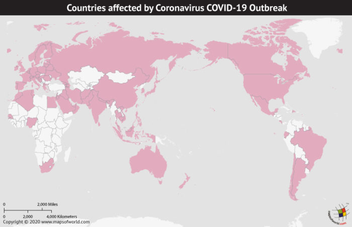 Map of World Highlighting Countries Affected by Coronavirus Outbreak as per Mar 06, 2020