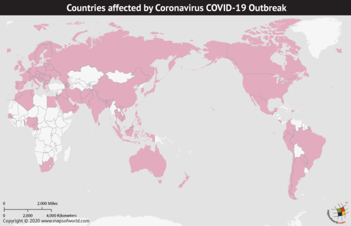 Map of World Highlighting Countries Affected by Coronavirus Outbreak as per Mar 09, 2020