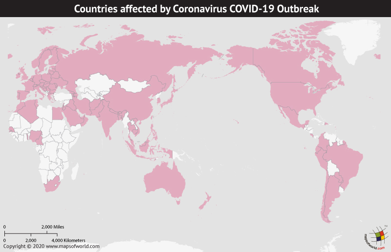 Map of World Showing Countries Affected by Coronavirus Outbreak as per Mar 09, 2020