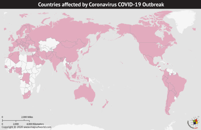 Map of World Highlighting Countries Affected by Coronavirus Outbreak as per Mar 12, 2020