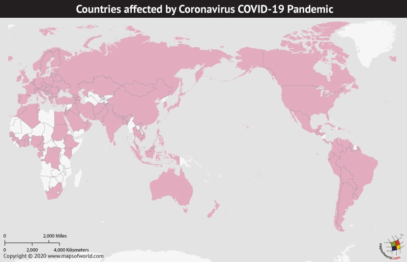 Map of World Showing Countries Affected by Coronavirus Outbreak as per Mar 14, 2020